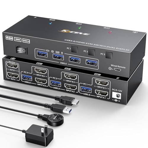 KVM Switch 3 Computers 2 Monitors, Reyoten HDMI2.1 KVM Support 4K@60Hz 2K@144Hz USB 3.0, KVM Switches Share 2 Monitors and 4 USB 3.0 Ports, Support EDID Emulator for Work Station - color: Black, size: Middle