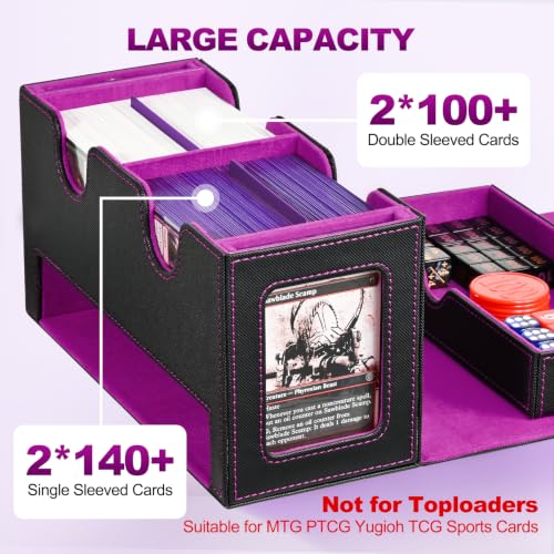 UAONO 3-in-1 MTG Commander Deck Box, Black Purple | 2 Magnetic Card Holders & 1 Dice Tray, Fits 200 Double Sleeved, Card Organizer Compatible with Magic the Gathering - color: Black&Purple