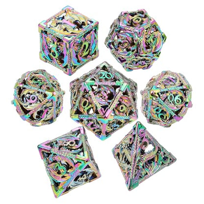 MoKo Dragon Hollow Metal DND Dice Set, Mixed Color | 7 Pcs Polyhedral, D20 D12 D10 D8 D6 D4, For Dungeons and Dragons RPG Games, With Gift Box - color: 4 - Mixed Color