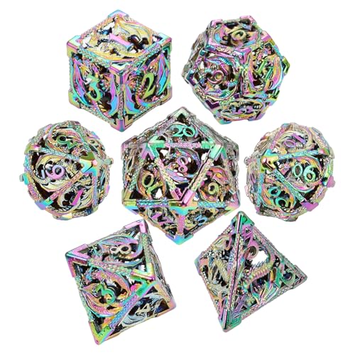 MoKo Dragon Hollow Metal DND Dice Set, Mixed Color | 7 Pcs Polyhedral, D20 D12 D10 D8 D6 D4, For Dungeons and Dragons RPG Games, With Gift Box - color: 4 - Mixed Color