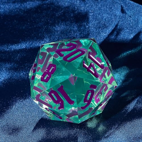 55mm 20 Sided DND Dice, Giant D20 D&D Polyhedral Dice Large D20 with Die Gift Box for Dungeons and Dragons, RPG Table Games (Transparent Green/Purple Numbers) - color: Transparent Green/Purple Numbers