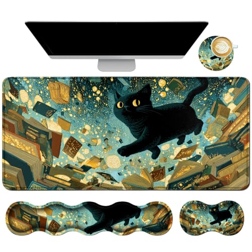 Memory Foam Keyboard Wrist Rest Desk Mat Set, Book Black Cat - color: Book Black Cat, size: 4Pcs Memory Foam Pad