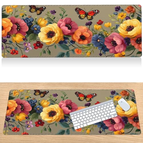 31.5”x11.8”Large Gaming Mouse Pad for Desk, Mouse Mat with Seamed Edges, Waterproof Desk Pad, Non-Slip Rubber Base, Keyboard Pad Computer Mat, Big XL Mousepad-Boho Floral with Butterflies - color: Boho Floral With Butterflies