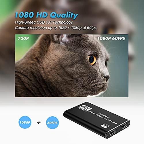 Capture Card, 4K HDMI Video Capture Card, Game Capture Card, 1080P 60FPS Video Capture Device, HDMI to USB 3.0 Capture Card for Streaming, Work with Camera/Xbox/PS4/PS5/PC/OBS - color: Black