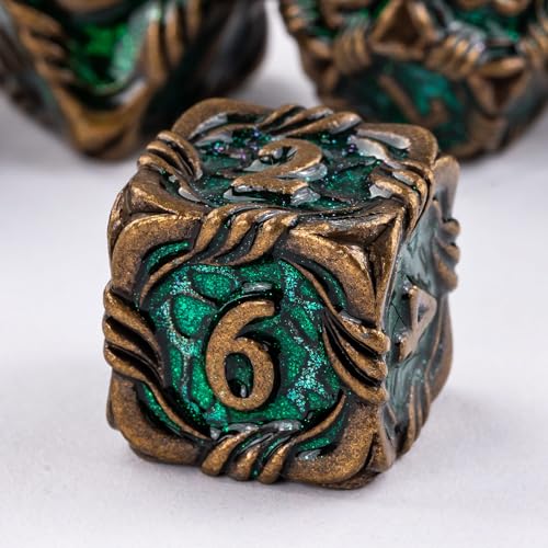 7-Die Metal DND Dice Set Role Playing Dice for RPG Table Games | Vine Design PU Leather Pouch for Dungeons and Dragons - color: Vine-bronze Green