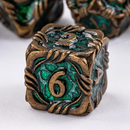 7-Die Metal DND Dice Set Metallic Polyhedral Role Playing Dice | Vine Design PU Leather Pouch for Dungeons and Dragons RPG Table Games - color: Vine-bronze Green