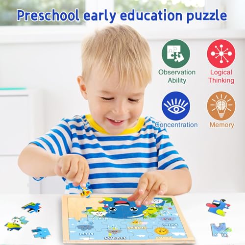 Montessori Wooden Puzzles for Toddlers 3-5, 6 Packs 24Pcs Solar System Learning Toys, Educational Preschool Puzzle Set, Toys for Kids Age 3 4 5 6 7 8, Birthday Gift for Boys Girls（Season） - style: Seasons