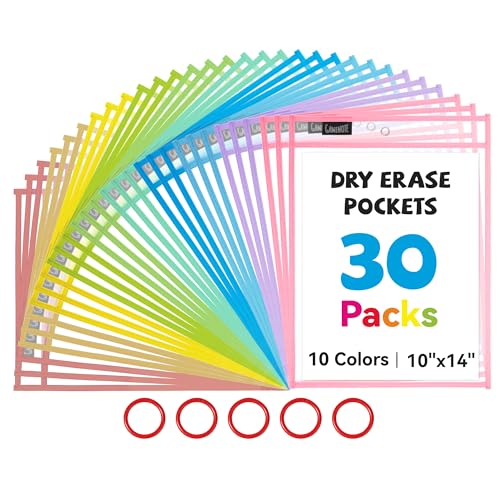 Gamenote 30 Pack Pastel Dry Erase Pockets with 5 Rings, 10 Assorted Colors Macaron 10x14 Oversized Reusable Plastic Sleeves, Clear Sheet Protectors, Teacher Supplies for Classroom Organization - color: Pastel, size: 30 Pack