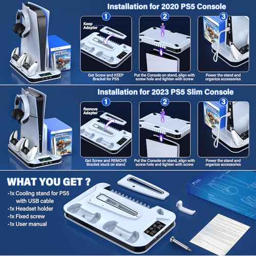 PS5 / PS5 Slim Cooling Station with Controller Charging Station for PlayStation 5 Console Disc/Digital, Cooling Stand for PlayStation 5 Slim with Cooler Fan Accessories with 3 USB Hubs/Headset Holder - color: White