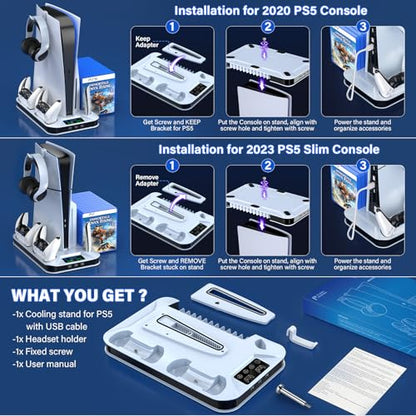 PS5 / PS5 Slim Cooling Station with Controller Charging Station for PlayStation 5 Console Disc/Digital, Cooling Stand for PlayStation 5 Slim with Cooler Fan Accessories with 3 USB Hubs/Headset Holder - color: White