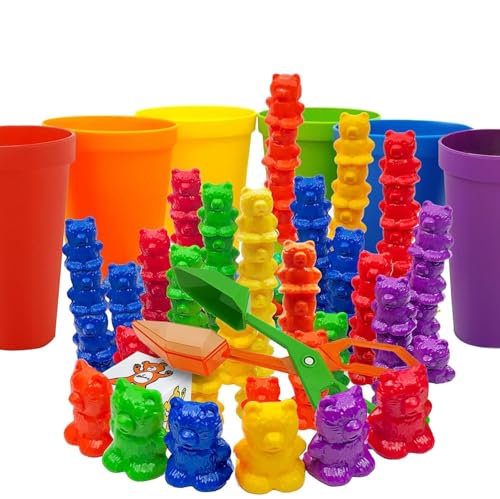 Rainbow Stacking Bears & Sorting Cups, 69 Pc Set, Storage Bag | 60 Bear counters, Scissor Tongs, Rainbow Cups, Storage Bag, Sorting dice Game, Educational, Sensory - style: Sort and Match, Rainbow Cups - 60pcs