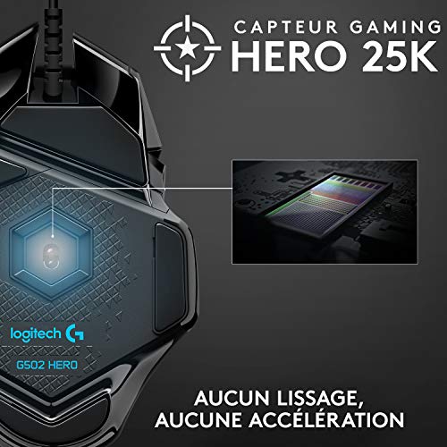 Logitech G502 Hero High Performance Wired Gaming Mouse, Hero 25K Sensor, 25,600 DPI, RGB, Adjustable Weights, 11 Programmable Buttons, On-Board Memory, PC/Mac - Black (Renewed)