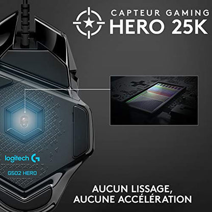 Logitech G502 Hero High Performance Wired Gaming Mouse, Hero 25K Sensor, 25,600 DPI, RGB, Adjustable Weights, 11 Programmable Buttons, On-Board Memory, PC/Mac - Black (Renewed)