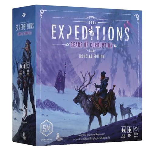 Stonemaier Games: Expeditions: Gears of Corruption by Jamey Stegmaier | Ironclad Edition Featuring Metal Mechs | Expansion to Expeditions | New Mechs, Characters, & Hero Worker | 1-6 Players, 90 Mins