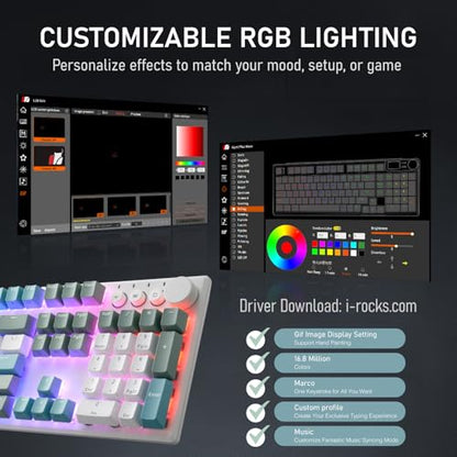 iRocks K74R Wireless RGB Illuminated Mechanical Gaming Keyboard, Hot-Swappable Switches, Easy-Clean Floating Design, PBT 107 Keys NKRO, Detachable USB-C Cable - Island Blue (Red Switches) - color: Island Blue, size: Red Switches
