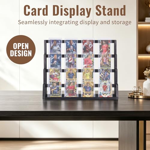 4-Tier Wooden Trading Card Display Stand, 15.3"x6.3"x12.6" Large Capacity Display Case with Deep Slots, Black Finished Wood Card Holder for Card Collection, Game Cards & Memorabilia