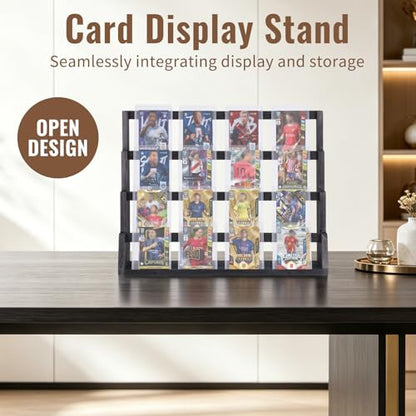 4-Tier Wooden Trading Card Display Stand, 15.3"x6.3"x12.6" Large Capacity Display Case with Deep Slots, Black Finished Wood Card Holder for Card Collection, Game Cards & Memorabilia