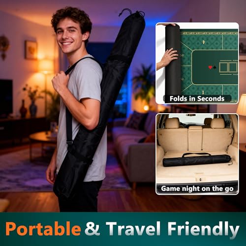 ORIENGEAR Poker Mat 70x35 Inch, 10 Player Poker Table Topper with Non-Slip Rubber Base & Carry Bag, Professional Blackjack Table Top for Texas Holdem, Home Casino Game Nights - color: Green