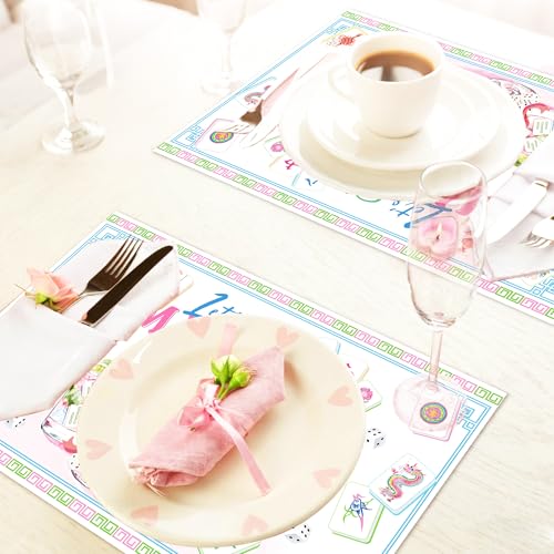 24 Pack Mahjong Placemats, 17x11 Inch Disposable Table Mats for Game Nights | Pink Mahjong Design with Tiles, Dice, Cocktail, Flowers, Blue Border for Birthday, Bridal Shower, Game Party, Table Decor Set