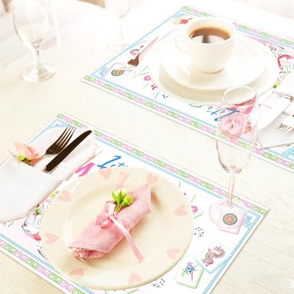 24 Pack Mahjong Placemats, 17x11 Inch Disposable Table Mats for Game Nights | Pink Mahjong Design with Tiles, Dice, Cocktail, Flowers, Blue Border for Birthday, Bridal Shower, Game Party, Table Decor Set