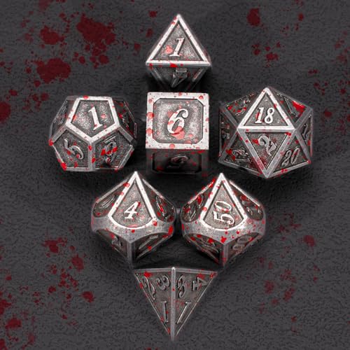 Metal Polyhedral DND Dice Set,7-Piece Solid Metal RPG Dice for Tabletop Gaming (Silver Blood) - color: Silverblood