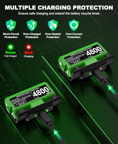 EXTREMECOOL Rechargeable Xbox Controller Battery Pack for Xbox Series X|S/One S|X/One Elite Controllers, Xbox Play and Charge Kit Incl. 2x4800mWh X-1 Batteries, 4x Battery Covers, USB C Charging Cable