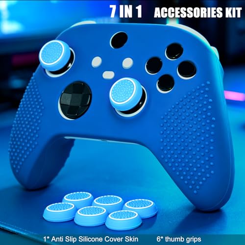Anti-Slip Blue Controller Skin,Studded Edition Protective Silicone Cover Skin Grips Compatible with Xbox Series X/S Controller and 6 PCS Thumb Grips Caps. - color: Blue