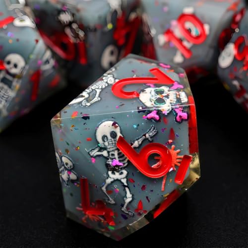 XENOLUX Polyhedral Dice Set for Dungeons and Dragons - Spooky Cute 3D Dancing Skeleton Resin DND Dice Set with Tin Box, Sharp Edge RPG Dice for Tabletop Board Games (L19) - color: L19