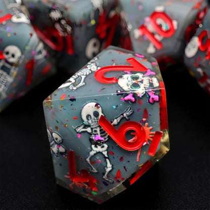 XENOLUX Polyhedral Dice Set for Dungeons and Dragons - Spooky Cute 3D Dancing Skeleton Resin DND Dice Set with Tin Box, Sharp Edge RPG Dice for Tabletop Board Games (L19) - color: L19