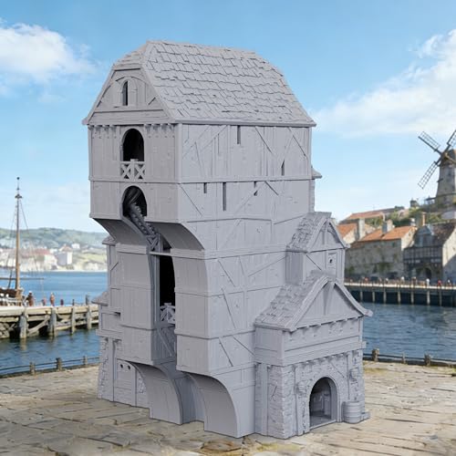AUSPDICE DND Terrain 28mm 도크 빌딩, 도색되지 않은 다층 TTRPG 풍경 | 1:56 스케일 18피스 수직 포트 빌딩, 탈착식 바닥과 던전 앤 드래곤을 위한 디테일한 내부 - AF1154H - color: Af1154h Dock Buildings H
