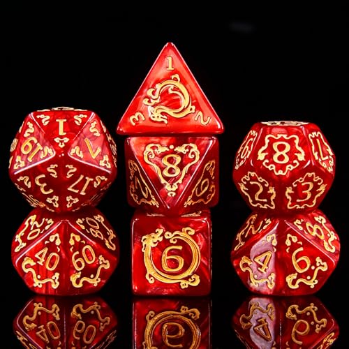 DND Dice Set - 7 Polyhedral Role Playing Dice with Gold Dragon Design, Acrylic D&D Dice Perfect for Dungeons and Dragons, Pathfinder, Warhammer, RPG Games (Red) - color: Gold Dragon-red