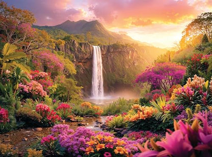 Hawaiian Waterfall Puzzles for Adults 1000 Pieces, Impossible Hard Difficult Challenging Puzzles for Adults, Colorful Tropical Flowers and Peaceful Waterfall Sunset - Jigsaw Puzzle 1000 Piece 20x27 - color: Hawaii Waterfall