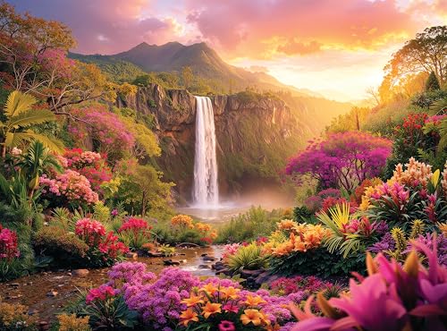 Hawaiian Waterfall Puzzles for Adults 1000 Pieces, Impossible Hard Difficult Challenging Puzzles for Adults, Colorful Tropical Flowers and Peaceful Waterfall Sunset - Jigsaw Puzzle 1000 Piece 20x27 - color: Hawaii Waterfall