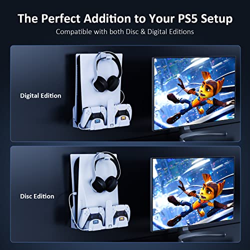 NexiGo PS5 (All Versions) and PSVR2 Wall Mount Kit with Charging Station, Controller Holder, and Headphone Hanger - Metal Wall Hanging Charger Stand for PlayStation 5 Console/Slim (Disc & Digital)