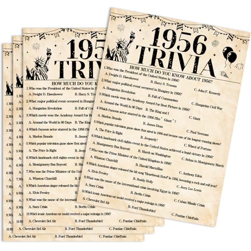 30Pcs 70th Birthday Party Games 1956 Trivia Game Fun Back in 1956 Games Double-Sided Game Cards Vintage 70th Birthday Party Supplies for 70 Year Old Woman Man Anniversary Class Reunion Gifts - size: 70-1956, style: Trivia