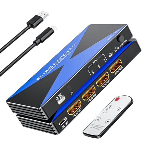 8K@60Hz HDMI Switch 3 in 1 Out. ALYYDBG HDMI 2.1 Switcher Supports DSC 4K@240Hz 3D HDR10+ HDCP 2.3 VRR for PS5/4 Xbox Nintendo Switch Roku Fire Stick Apple TV to Connect TV Monitor - size: 3x1