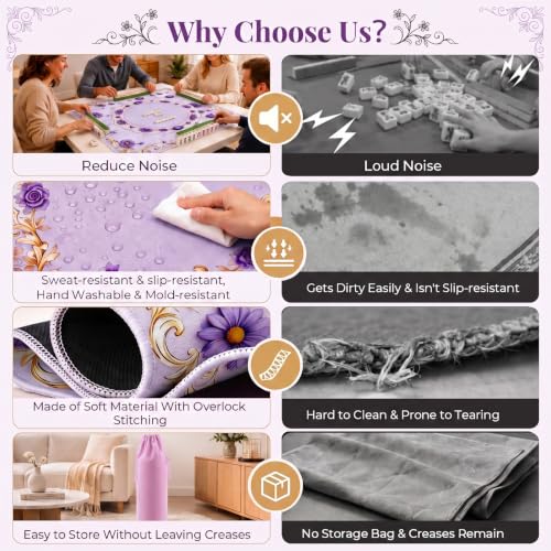 Purple Mahjong Mat for Table & 50PCS Stickers| Carrying Bag, Heavy Floral Mahjong Mats&2 Dices, Noise Reduction Non Slip Foldable, 31.5x31.5 Game Table Cover, for Playing Card, Board Tile Games - color: Purple