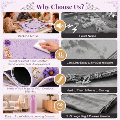 Purple Mahjong Mat for Table & 50PCS Stickers| Carrying Bag, Heavy Floral Mahjong Mats&2 Dices, Noise Reduction Non Slip Foldable, 31.5x31.5 Game Table Cover, for Playing Card, Board Tile Games - color: Purple