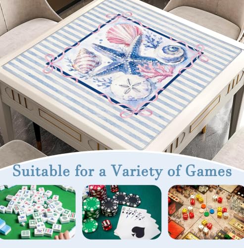Coquette Pink Bow Coastal Beach Mahjong Mat 31.5x31.5 Inch | Preppy Starfish Seashell Blue Striped Non-Slip Noise Reduction Mah Jong Table Mat Cover Gifts for Mahjong Lovers Dominoes - color: Brogan Starfish