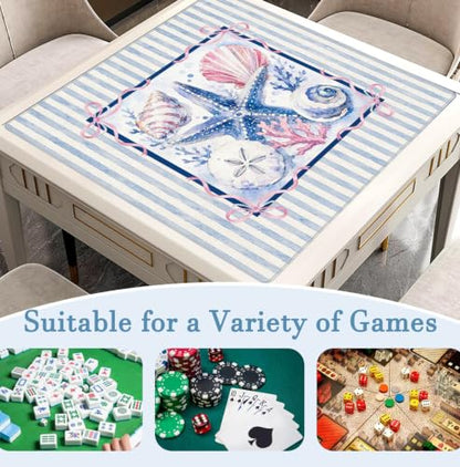 Coquette Pink Bow Coastal Beach Mahjong Mat 31.5x31.5 Inch | Preppy Starfish Seashell Blue Striped Non-Slip Noise Reduction Mah Jong Table Mat Cover Gifts for Mahjong Lovers Dominoes - color: Brogan Starfish