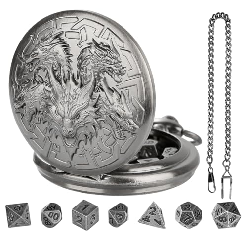 GEAoffice DND Dice Set with Vintage Dragon Pocket Watch Case, Solid Metal Tiny Dice for Tabletop Role Playing Games, Fantasy RPG Gaming & Math Games, Unique DND Gift for Men/Women - color: Antique Silver - 5-headed Dragon