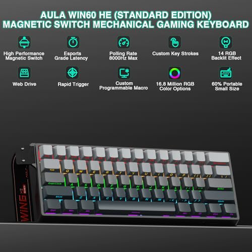 Aula WIN60 HE - 60% Mechanical Gaming Keyboard Wired, Hall Effect Magnetic Switch Hot Swappable,8000 Hz Polling Rate, RGB Keyboard 60 Percent Compact Design for PC (Gradient Gray) - color: Gradient Gray