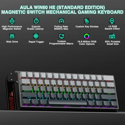 Aula WIN60 HE - 60% Mechanical Gaming Keyboard Wired, Hall Effect Magnetic Switch Hot Swappable,8000 Hz Polling Rate, RGB Keyboard 60 Percent Compact Design for PC (Gradient Gray) - color: Gradient Gray