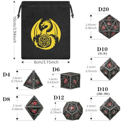 Metal Dice Set, Dragon Eye Theme, 7pcs Polyhedral Metal DND Dice Set, DND Starter Set, D&D Gifts with Gift Bag, Role Playing Board Games Accessories, Red Black Silver - color: Red Black Silver With Gift Bag