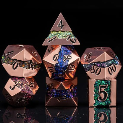 Metal Polyhedral Dice Set, 7PCS RPG Dice with Galaxy Glitter Resin Inlay for Dungeons and Dragons, Pathfinder Tabletop Role Playing Games - color: Seven Colors of Red Copper