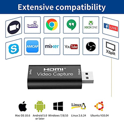 Video Capture Card, Hdmi Video Capture Card, USB Capture Card,4K HDMI to USB2.0, Record via DSLR Camcorder Cam for High Definition Acquisition, for Broadcasting, Amamzing Record, Meeting,ect. (Black)