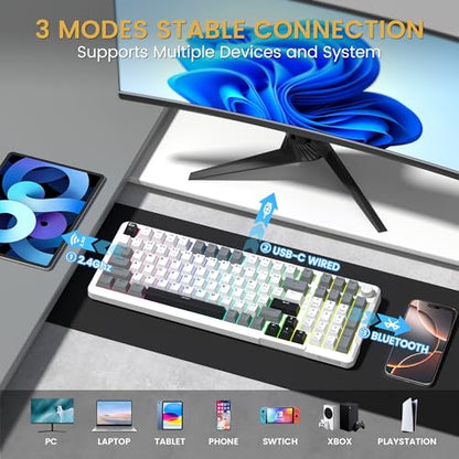 Redragon K742 Wireless Mechanical Gaming Keyboard with Knob, Bluetooth 5.0/2.4GHz/USB C Wired Creamy Keyboard with Number Pad for PC Computer, RGB Backlits, Hot-Swappable with Linear Switches (White) - color: White