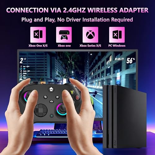 YUYIU Wireless 2.4GHz Controller with 7 Colors RGB Light for Xbox Controller, Xbox One Series X|S,Consoles,Steam PC Windows, with 1000mAh Battery/Hall Effect Sticks/Turbo/Programmable, 3.5mm Audio Jack (BLACK) - color: BLACK