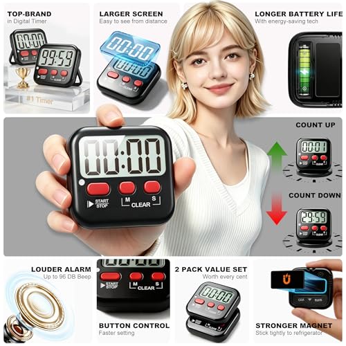2 Pack Digital Timer for Kids Classroom Kitchen Timers for Cooking | w/ Battery, Easy to View, Alarm, Mute Mode, Count Down/Up, Magnetic, Kickstand, Hanging, Classroom Timer for Teacher Supplies - color: New Black
