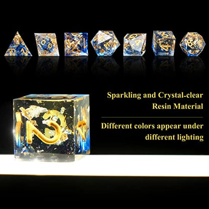 DND Dice Set Handmade 7 Accessories Sharp Edge Dice for Dungeons and Dragons TTRPG Games, Multi-Sided RPG Polyhedral Resin Sharp Edge Dice Roleplaying Games - color: Blue Gold 03